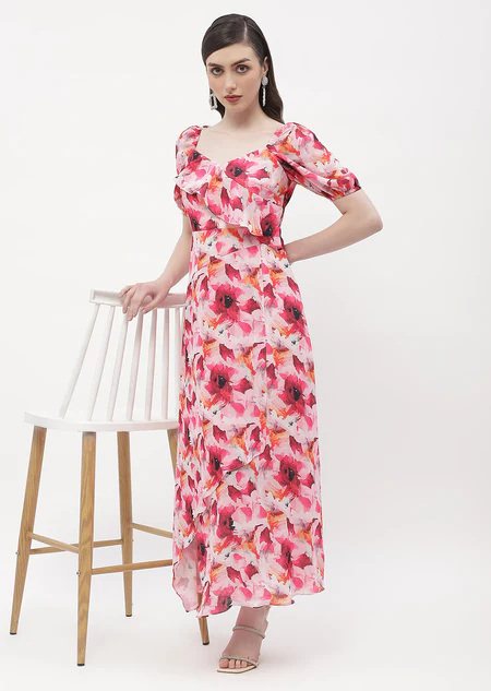 An elegant midi dress crafted from a comfortable power mesh fabric with a wine bloom pattern.